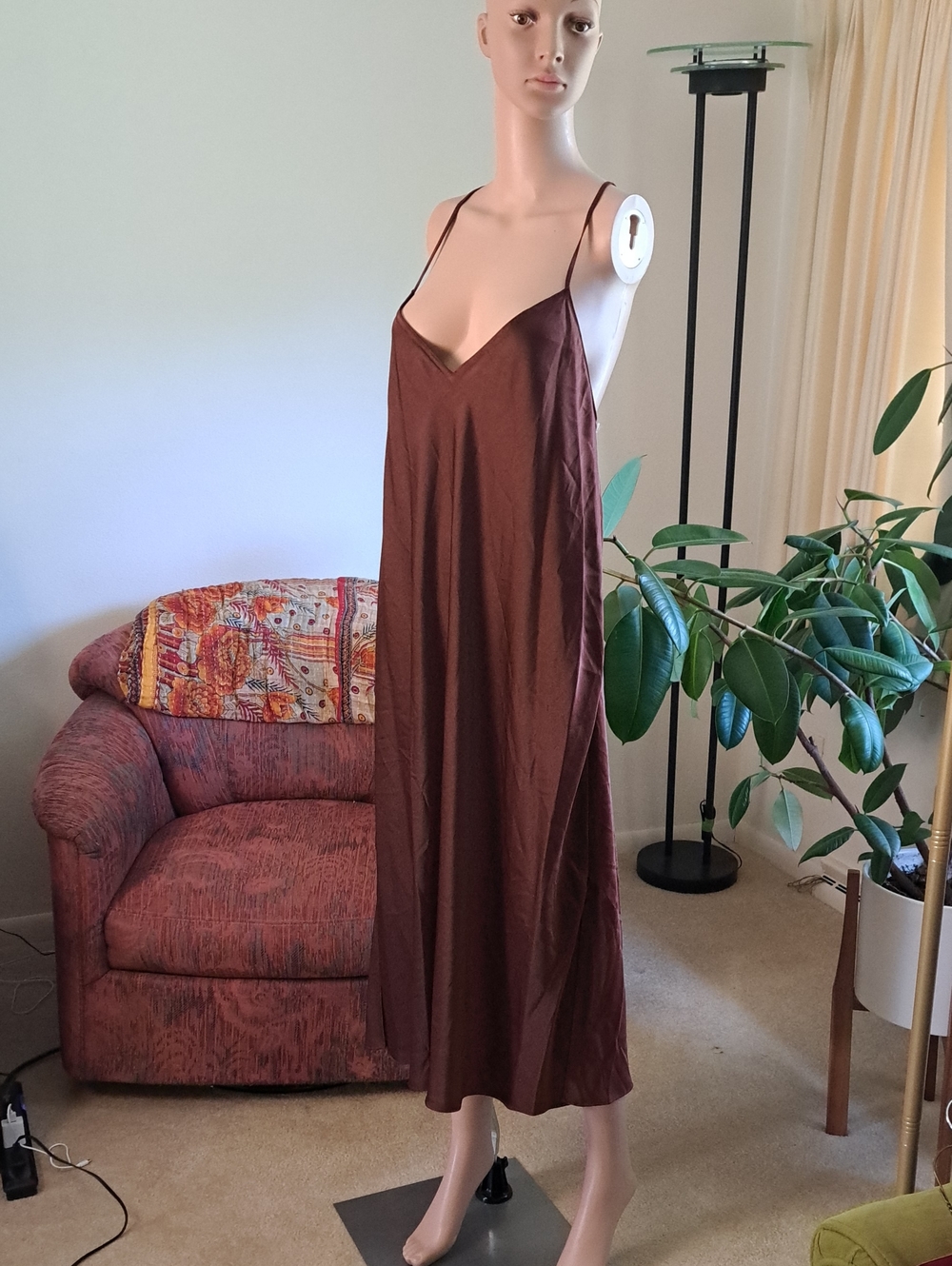 State Of Day Intimates Satin Slip Sleep Dress in Deep Brown L